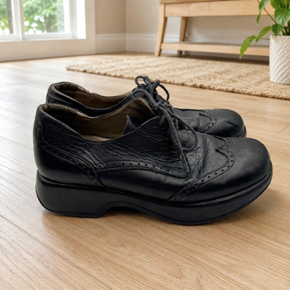 Dromedaris Hornbill Black Leather Wingtip Oxford Wedge Shoes 9.5-10 A414332
